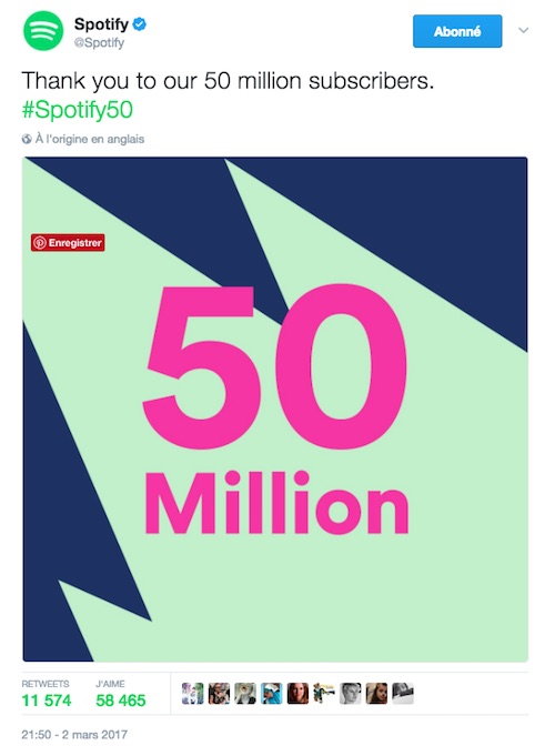 Spotify thanks 50 million on Twitter
