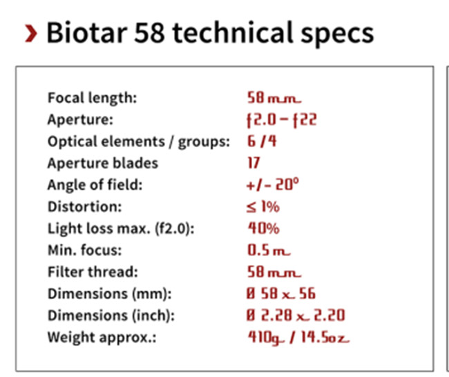 biotar 58mm spec