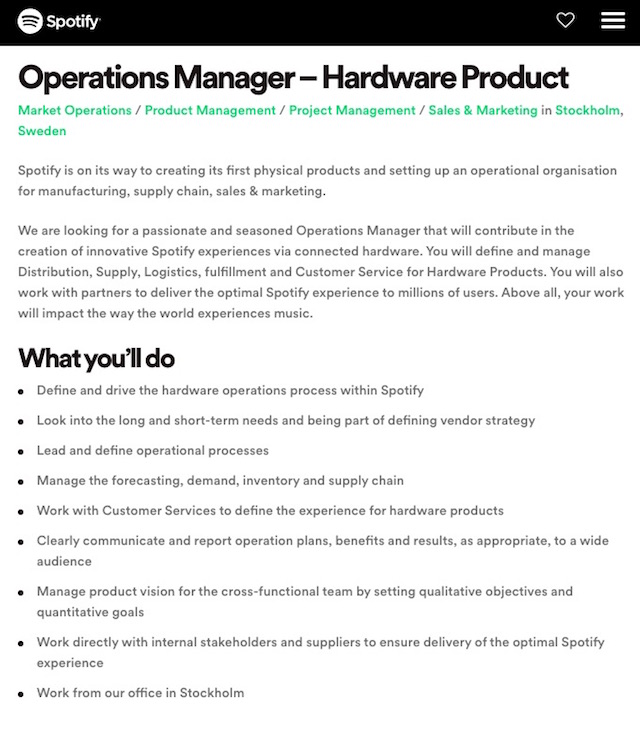 Spotify Operation Manager Hardware producr ad text